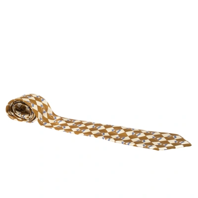 Pre-owned Gucci Vintage Bronze Gold Stirrup Print Silk Tie In Brown