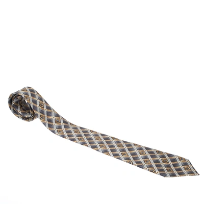 Pre-owned Celine Vintage Grey And Gold Equestrian Print Silk Tie