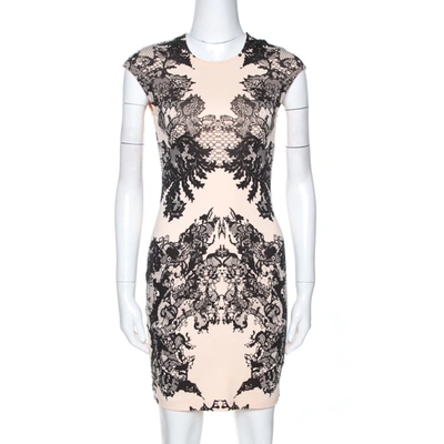 Pre-owned Mcq By Alexander Mcqueen Bicolor Lace Printed Jersey Fitted Dress Xs In Cream