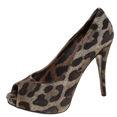 Pre-owned Dolce & Gabbana Brown Leopard Print Canvas Peep Toe Platform Pumps Size 37