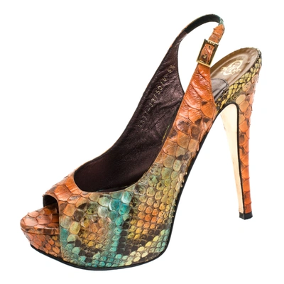 Pre-owned Gina Multicolor Python Leather Peep Toe Platform Slingback Sandals Size 38.5