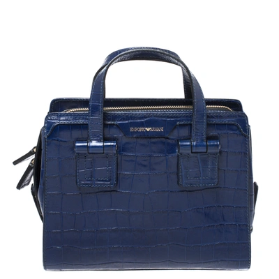 Pre-owned Emporio Armani Blue Croc Embossed Leather Satchel