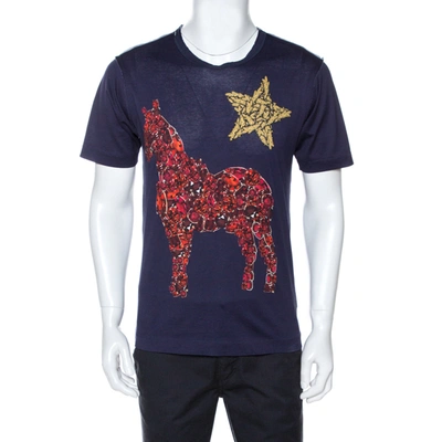 Pre-owned Dolce & Gabbana Navy Blue Crystal Horse Print Cotton T-shirt Xs