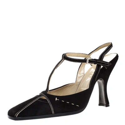 Pre-owned Prada Black Suede T Bar Square Toe Ankle Strap Pumps Size 37.5