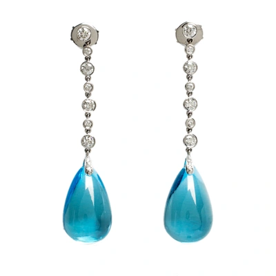 Pre-owned Bvlgari 18k White Gold Diamond And Topaz Stone Drop Earrings In Blue