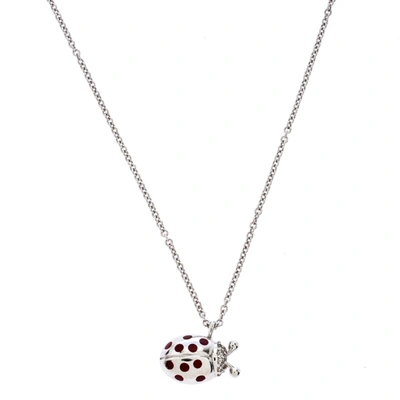 Pre-owned Tiffany & Co 18k White Gold And Diamond Set Ladybug Pedant Chain Necklace In Silver