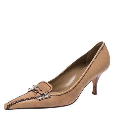 Pre-owned Prada Light Brown Leather Buckle Pointed Toe Pumps Size 37.5