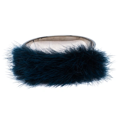 Pre-owned Fendi Blue Fluffy Mink Fur Silver Tone Cuff Bracelet M