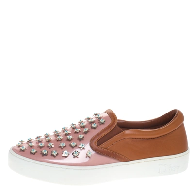 Pre-owned Dior Pink/brown Leather And Pvc Floral Embellished Slip On Sneaker Size 37.5 In Multicolor