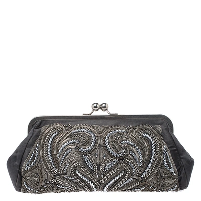 Pre-owned Stella Mccartney Grey Satin Chain Embroidered Kiss Lock Clutch
