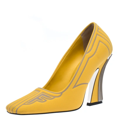 Pre-owned Fendi Yellow/grey Neoprene And Rubber Square Toe Ffreedom Pumps Size 37