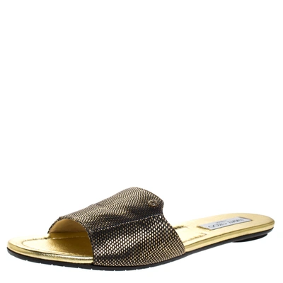 Pre-owned Jimmy Choo Metallic Gold/black Embossed Leather Nanda Flat Slides Size 40.5