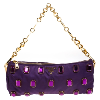 Pre-owned Prada Purple Satin Jeweled Chain Clutch