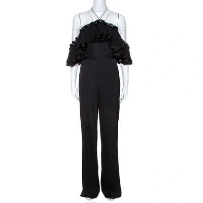 Pre-owned Emilio Pucci Black Crepe Embellished Ruffle Trim Jumpsuit S