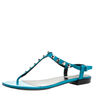 Pre-owned Balenciaga Teal/black Leather Studded T Strap Flat Sandals Size 38.5 In Multicolor