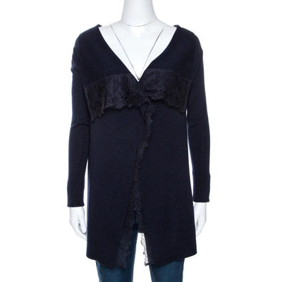 Pre-owned Valentino Navy Blue Knit Lace Trim Waterfall Front Cardigan M