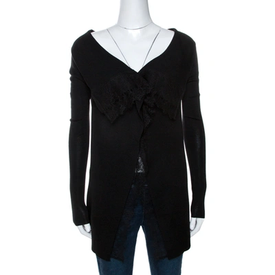 Pre-owned Valentino Black Knit Lace Trim Waterfall Front Cardigan M