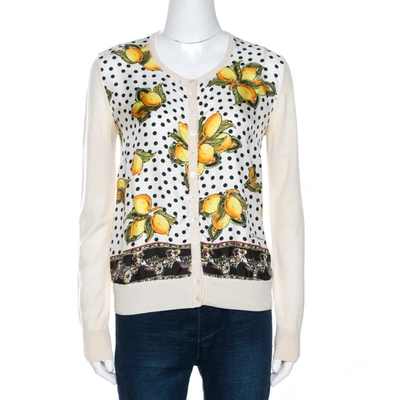 Pre-owned Dolce & Gabbana Cream Lemon Print Silk Wool Cardigan M