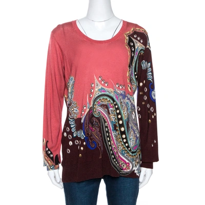Pre-owned Etro Coral Pink Paisley Print Cashmere Silk Knit Top Xl