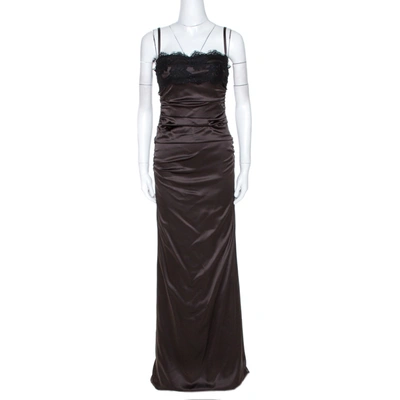 Pre-owned Dolce & Gabbana Brown Satin Lace Trim Ruched Maxi Dress M