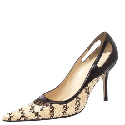 Pre-owned Dolce & Gabbana Brown/cream Python And Leather Cutout Pointed Toe Pumps Size 38.5 In Multicolor