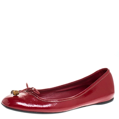 Pre-owned Gucci Red Patent Leather Bamboo Bow Ballet Flats Size 39.5