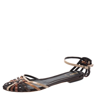 Pre-owned Fendi Multicolor Leather Caged Ankle Strap Flats Size 38