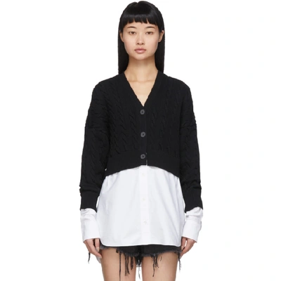 Alexander Wang T Cable Bi Layer Cardigan With Oxford Shirt In 949 Blk/wht