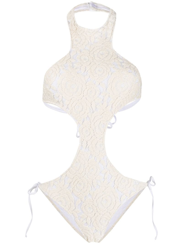 Redemption Floral-lace Open Back One Piece In Neutrals