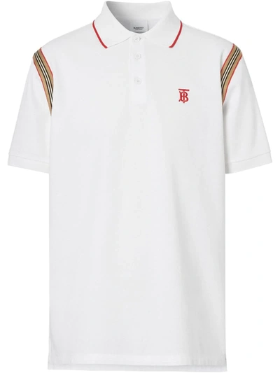 Burberry Icon Stripe Trim Monogram Motif Cotton Polo Shirt In White