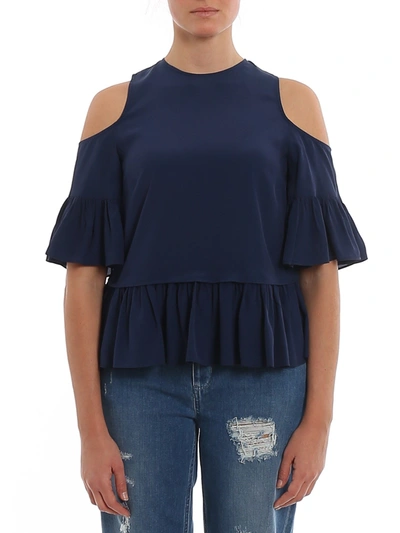 Twinset Silk Blend Blouse With Cut Out Shoulders In Blue