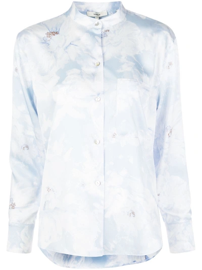 Vince Painted Magnolia Band Collar Blouse In Powder Blue