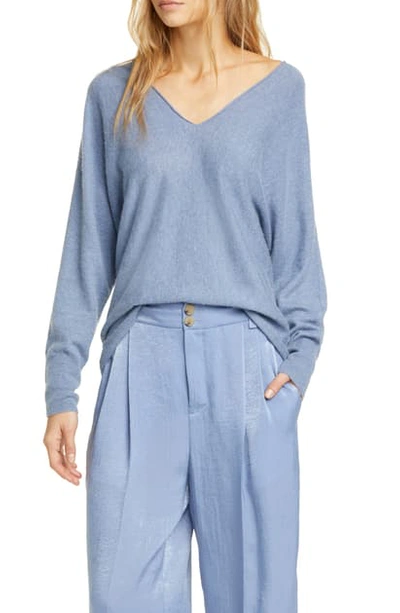 Vince Double V-neck Cashmere & Linen Sweater In Heather Sky Graphite