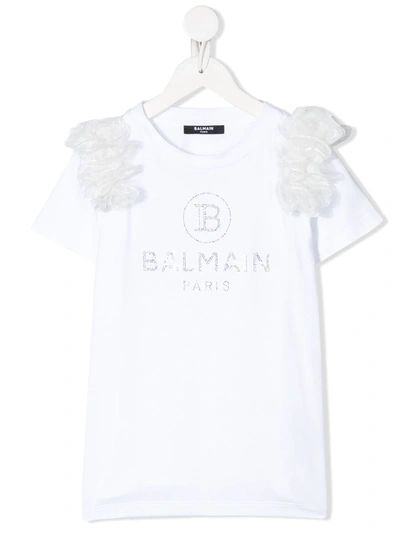 Balmain Kids' Short Sleeve Crystal-embellished Logo T-shirt In White