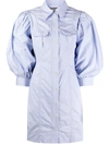 Ganni Striped Puff-sleeve Button-down Dress In Blue-lt