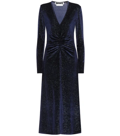 Rotate Birger Christensen Ruched Glittered Velvet Midi Dress In Blue