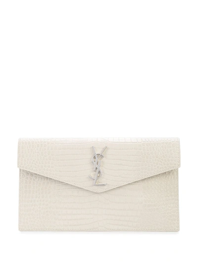 Saint Laurent Uptown Medium Embossed Croc Envelope Clutch In Blanc Vintage
