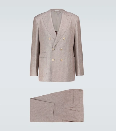 Brunello Cucinelli Double-breasted Linen-silk Suit In Brown