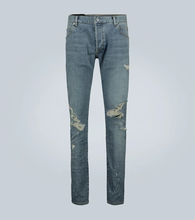 Balmain Distressed Skinny Jeans In Blue