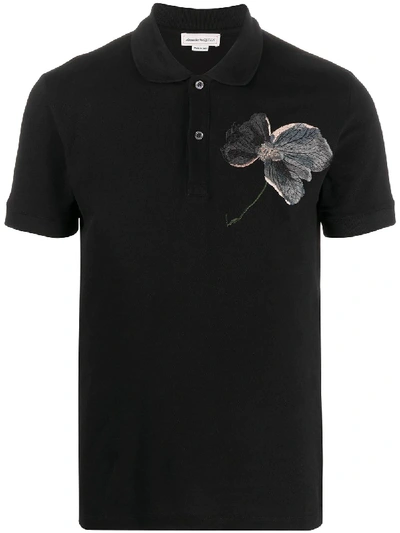 Alexander Mcqueen Floral Embroidered Polo Shirt In Black