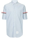 Thom Browne Straight Fit Short Sleeve Button-down Seersucker Shirt In Light Blu