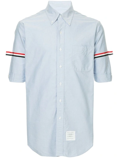 Thom Browne Straight Fit Short Sleeve Button-down Seersucker Shirt In Blue