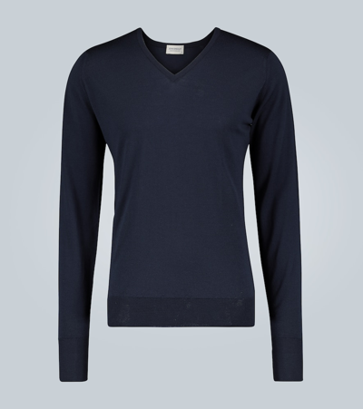 John Smedley Wool V-neck Sweater In Blue