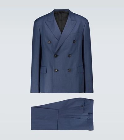 Lanvin Faded Herringbone Double-breasted Suit In Blue