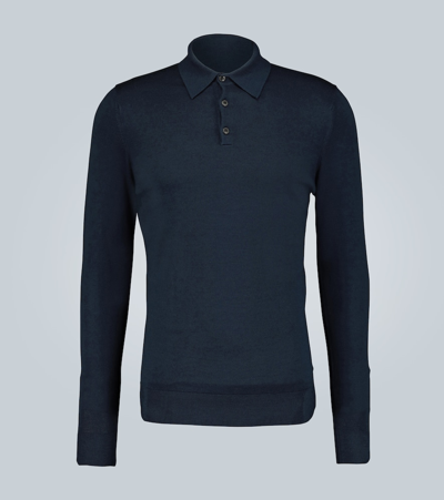Sunspel Knitted Merino Wool Polo Shirt In Blue