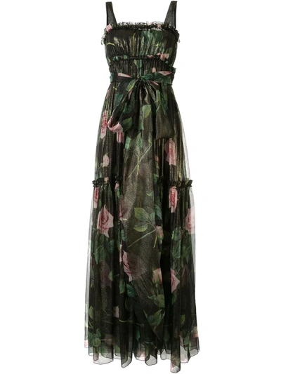 Dolce & Gabbana Rose Print Evening Dress In Black