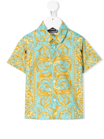 Young Versace Babies' Short Sleeve Baroque-print Shirt In Blue
