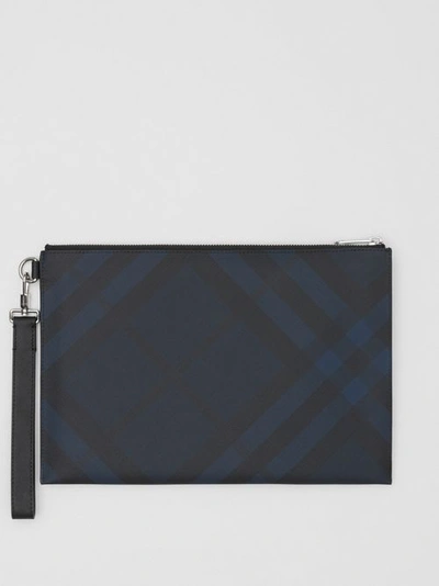 Burberry Navy London Check And Leather Zip Pouch In Blue