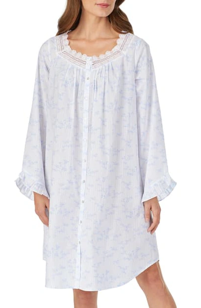 Eileen West Floral Stripe Long-sleeve Sleepshirt In White Ground W/floral/stripe