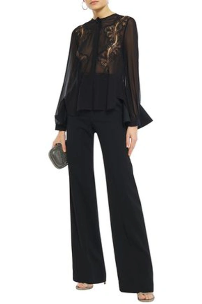 Antonio Berardi Lace-trimmed Poplin-paneled Silk-chiffon Peplum Shirt In Black